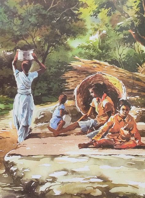 Subject Drawing Watercolor Painting, Daily Life Composition Painting, Lakshmi Actress, Figure Composition, Village Scene Drawing, Watercolor Composition, Village Drawing, Figurative Art Painting, Memory Drawing