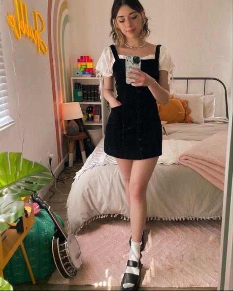 Black Dress White Undershirt, White Top Under Dress, Black Dress White Shirt Under, Black Dress With White Shirt Underneath, Dress With White Shirt Under, White Shirt Under Dress Outfit, Under Dress Outfit, Socks And Sandals Outfit, T Shirt Under Dress