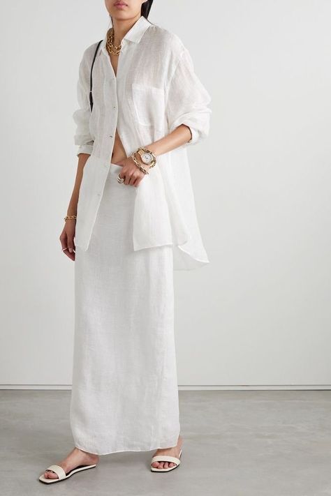 Linen Skirt Outfit, Linen Shirt Outfit, White Linen Skirt, Shirt Dress Outfit, White Linen Shirt, Floaty Dress, White Linen Dresses, Linen Fashion, Linen Shirt Dress