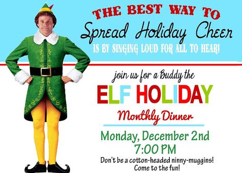 Holiday Party Theme Ideas, Buddy The Elf Party, Elf Movie Night, Christmas Party Movie, Elf Movie Party, The Elf Movie, Elf Themed Christmas Party, Birthday Elf, Movie Dinner