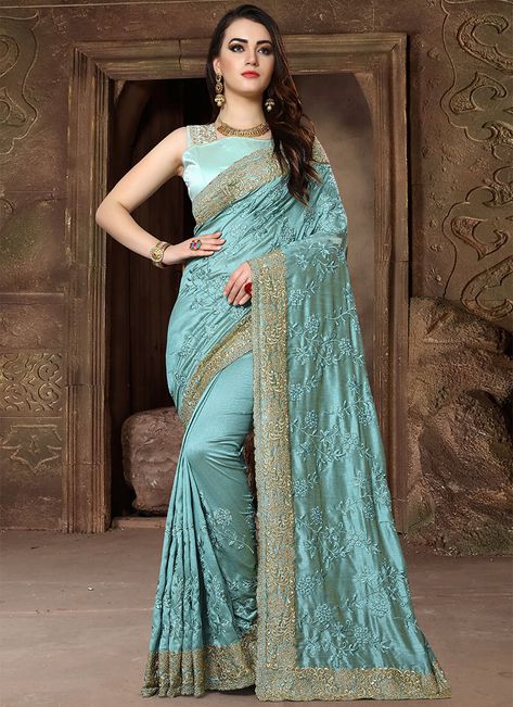 Buy Light Green Embroidered Saree online, SKU Code: SASNF1624. This Blue color Party sari for Women comes with Embroidered Art Silk. Shop Now! Reception Saree, Lehenga Style, Indian Sarees Online, Silk Saree Blouse, Designer Sarees Online, Utsav Fashion, Art Silk Sarees, Trendy Sarees, Fancy Sarees