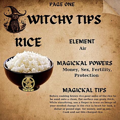 Witchy Tips 🧙‍♂️ 🪄 🧹 🧙‍♀️ . . . . #witchmemes #witchcraft #witchlife #witchtips #wordsofwisdom #themagickcabinet #witchwords #witchmemes Rice Meaning Witchcraft, Pagan Aesthetic, Spell Ingredients, Divination Witch, Paganism Spells, Witchy Tips, Kitchen Witchery, Witchy Stuff, Witch Art