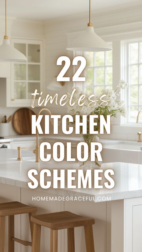 kitchen color schemes Timeless Kitchen Colors Schemes, Best Kitchen Cabinet Colors For 2025, Kitchen Cabinet Color Ideas Wood Floor, Top Colors For 2024, Cabinet Color With White Countertop, Best Color Combinations For Kitchen, Calm Kitchen Colors, Small Home Color Schemes Interior, Color Schemes For Kitchen Cabinets