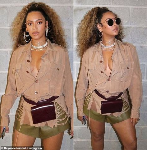 Chic: The pop superstar, 37, wore an oversize safari shirt in a suede-like fabric that she left open to reveal ample cleavage Beyonce Oversized Shirt, Beyonce Ponytail Hairstyles, Beyonce Fashion Outfits, Beyonce Style Inspiration, Beyonce Ponytail, Beyonce Style Outfits, Beyonce Street Style, Gold Teeth Grills, Gold Grills