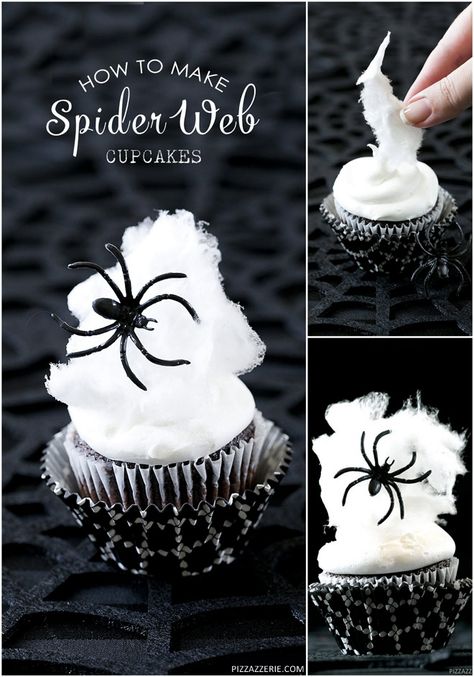 How to make cute spider web cupcakes with cotton candy! Pizzazzerie.com Make Spider Web, Spider Web Cupcakes, Pasteles Halloween, Spider Cupcakes, Halloween Chic, Dessert Halloween, Postres Halloween, Bolo Halloween, Halloween Sweets