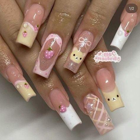 ꒰🍥 ꒱– i'm not the owner﹔☆༘⋆ ʚɞ Rilakkuma Nails, Band Nails, Girly Acrylic Nails, Hello Kitty Nails, Pretty Gel Nails, Really Cute Nails, Acrylic Nails Coffin Pink, Unique Acrylic Nails, Soft Nails