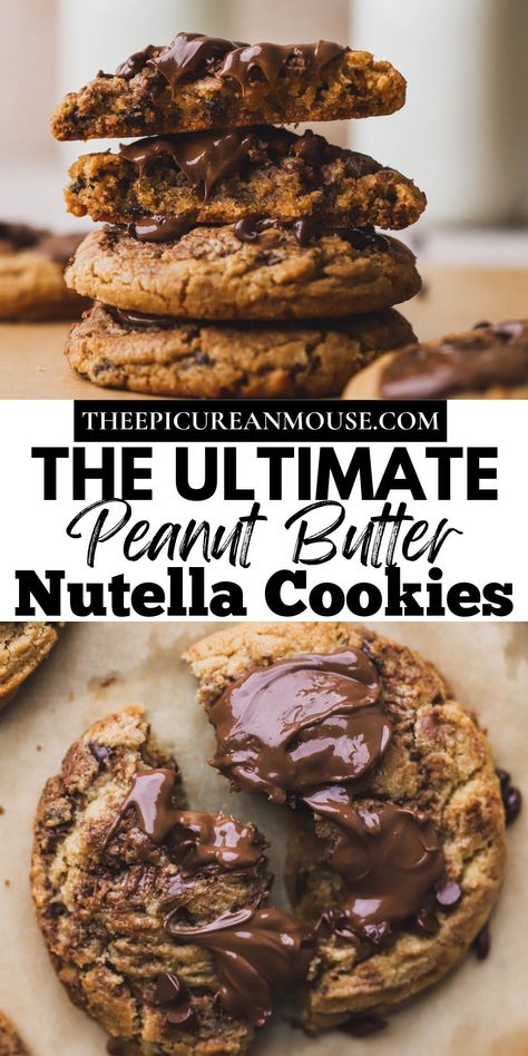 These peanut butter Nutella cookies are soft and chewy with swirls of chocolate hazelnut spread. Studded with mini chocolate chips and dollops of melted Nutella on top, these cookies are irresistible. Peanut Butter And Chocolate Cookies, Peanut Butter Nutella Cookies, Nutella Peanut Butter, Mini Nutella, Nutella Jar, Peanut Butter Nutella, Gooey Brownies, Cookies Ideas, Hazelnut Butter