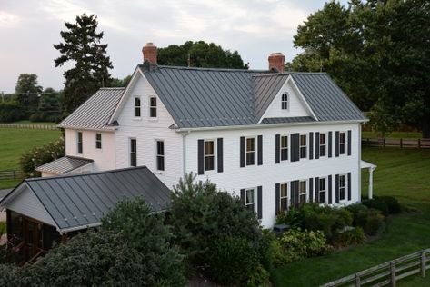 Gray Metal Roof, Farmhouse Exteriors, Porch Gazebo, Metal Roof Colors, Ranch Farmhouse, White Colonial, Standing Seam Roof, Farmhouse Renovation, Asphalt Roof