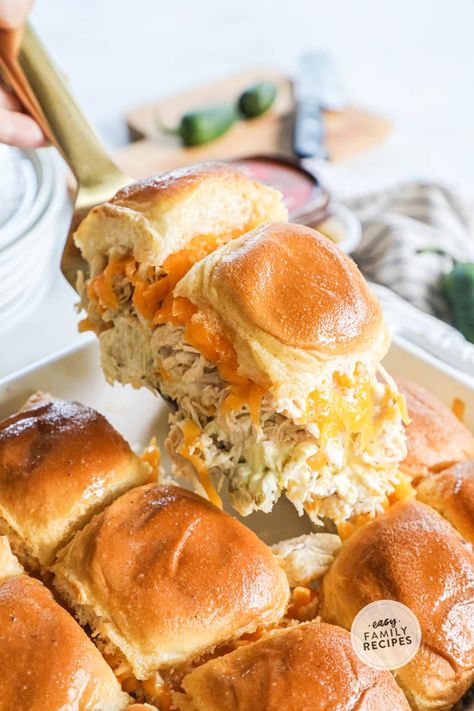 Jalapeno Popper Chicken Sliders · Easy Family Recipes Jalapeno Popper Chicken Sliders, Chicken Sliders Recipes, Crowd Meals, Sweet Hawaiian Rolls, Sliders Easy, Sliders Recipes Chicken, Popper Chicken, Blackstone Recipes, Wholesome Meals