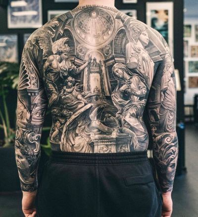 Back Piece Tattoo Ideas, Tattoo Ideas Religious, Piece Tattoo Ideas, Jesus Tattoo Sleeve, Small Wave Tattoo, Backpiece Tattoo, Torso Tattoos, Back Piece Tattoo, Full Back Tattoos