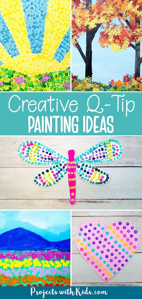 Q Tip Art Dot Painting, A Tip Painting, Q Tips Painting, Dot Paint Preschool Activities, Paint With Q Tips, Easy Spring Paintings For Kids, Q Tip Painting Preschool, Kindergarten Painting Projects, Qtip Painting Ideas Preschool