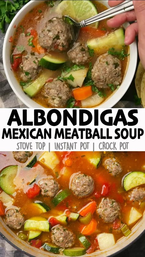 This Albondigas Soup, is a hearty, healthy, Mexican soup made with beef & rice meatballs, potatoes, and veggies cooked in a flavorful tomato broth. It's an easy one-pot meal made on the stove top! But you can also make it in the Instant Pot or Crock Pot...instructions included! Click for the full detailed recipe and video! #albondigas #caldo #souprecipeeasy #glutenfreerecipes #onepotmeal #healthyfood Frozen Meatball Soup Recipes Easy, Albondigas Soup Recipe Instant Pot, Keto Albondigas Soup Recipe, Abondigous Soup, Abongidas Soup, Albondigas Soup Recipe Mexican Easy, Albondigas Soup Recipe Mexican Authentic, Abondagus Soup, Best Albondigas Soup Recipe