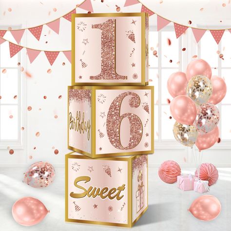 PRICES MAY VARY. [You Will Get] -3 Pcs pink rose gold 16 birthday balloon boxes, 11.8 inches cube, enough to decorate your 16th birthday party, Make great memories for you and your family! (Note: This set does not include balloons) [Sweet 16] - The sweet 16 birthday cardboard box is dominated by romantic pink rose gold, The bright diamonds number "16" and rose gold glitter "16" high-lighted the 16 themed party. Cake, gift box and other party patterns add more joy and sweet to your party. [Widely Sweet Sixteen Rose Gold Theme, Rose Gold Birthday Party Theme, Sweet 16 Party Decorations Ideas, Blush And Gold Party, Rose Gold 16th Birthday Party, Quince Decorations Pink, Sweet 16 Pink Theme, Sweet 16 Party Ideas Themes 16th Birthday, 16 Birthday Balloons