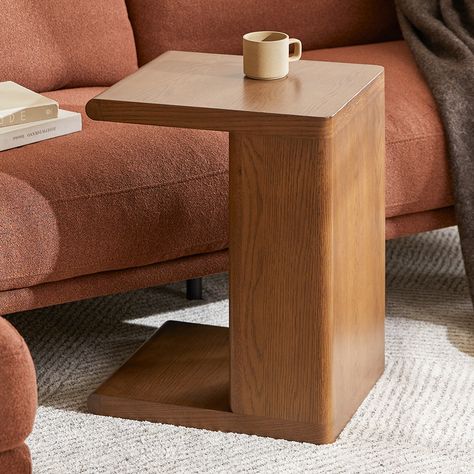 Torme Smoked Oak C Side Table Cedar Side Table, Small Wood Side Table, Sofa Side Table Ideas, C Tables For Couch, Wood C Table, Japanese Living Room Design, Side Tables Wood, C Shaped Side Table, Couch Side Table