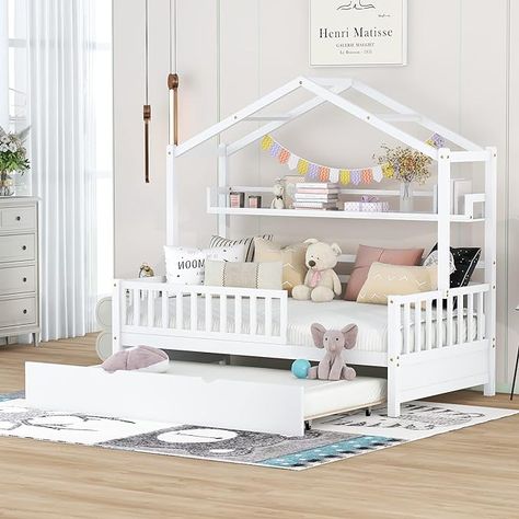 House Bed with Trundle and Storage Shelves Kids Twin Size Montessori Bed with Fence Rails Wood Playhouse Tent Bed Frame for Girls Boys, White Playhouse Tent, Trundle Bed Kids, Wood Playhouse, Twin Platform Bed Frame, Playhouse Bed, House Beds For Kids, Tent Bed, House Frame Bed, Montessori Bed