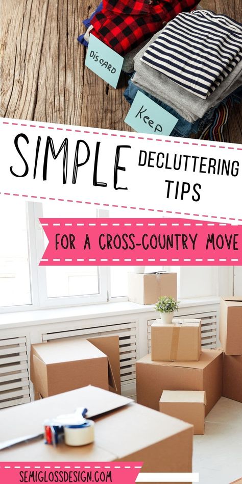 Get easy tips to declutter your house for moving, especially if you need to get rid of everything you own for a cross-country move or to downsize your home. #movingtips #decluttering Moving Decluttering Tips, Cross Country Moving Tips, Moving Across Country Tips, Declutter Before Moving, Downsize Your Home, Moving Ideas, Moving House Tips, Moving Across Country, Moving Hacks