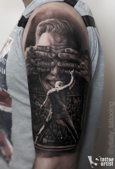 Metallica Sleeve Tattoo, Rock Metal Tattoo, Fall Out Tattoo, Heavy Metal Tattoo Ideas For Men, Metallica Tattoo Women, Metallica Tattoo Sleeve, Rock Tattoo Music, James Hetfield Tattoo, Metallica Tattoo Ideas