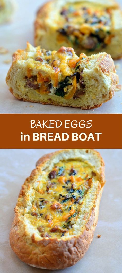 Baked Eggs in Bread Boat filled with eggs, sausage, vegetables, and cheese is the best way to start the day! Crusty french loaves baked until golden and bubbly are perfect for everyday breakfast or a special Sunday brunch. Sunday Brunch Food, Egg Boats Recipe, Eggs In Bread, Bread Boats, Egg Boats, Bread Breakfast, Breakfast Bread, Egg Breakfast, French Bread