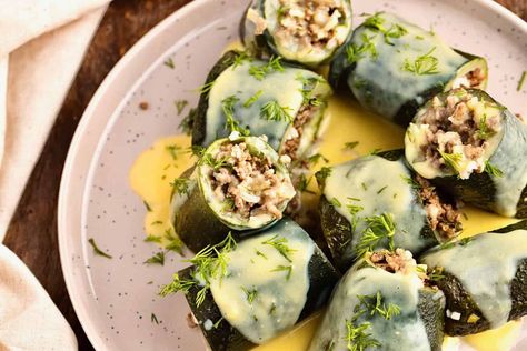 Greek Stuffed Zucchini in Egg Lemon Sauce (Avgolemono) - My Greek Dish Greek Saganaki Recipe, Lamb Souvlaki Recipe, Traditional Greek Moussaka Recipe, My Greek Dish, Saganaki Recipe, Lamb Meatballs Greek, Greek Taverna, Greek Appetizers, Moussaka Recipe