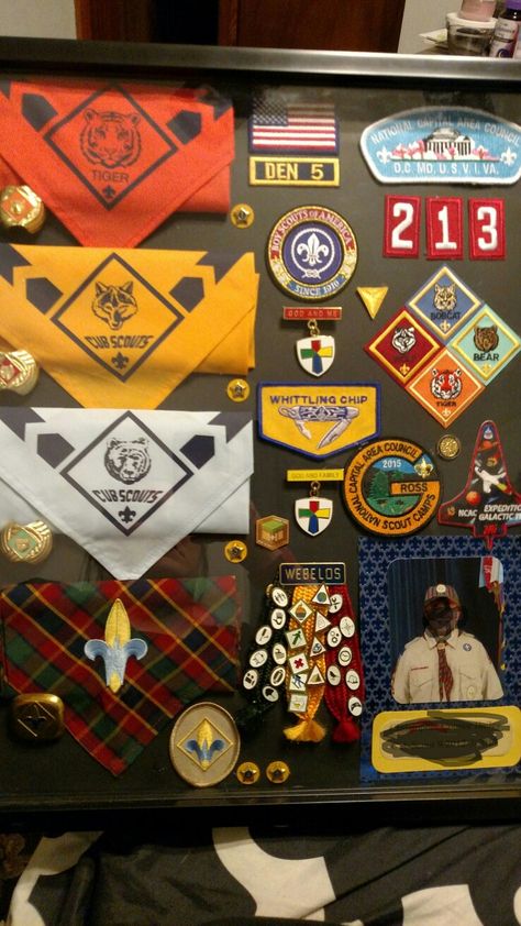 Cub Scout shadow box for arrow of light! Arrow Of Light Award Ideas, Arrow Of Light Shadow Box Ideas, Eagle Scout Shadow Box Display, Scout Display Ideas, Cub Scout Shadow Box Ideas, Eagle Scout Court Of Honor Ideas Display, Scout Shadow Box Ideas, Cub Scout Belt Loop Display, Eagle Scout Display