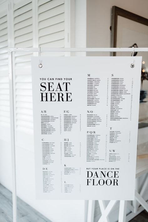 Alphabetical seating chart. The easiest way to find your name if you have a guest list over 120-150 people. FEATURED as a hanging piece in digital print on foamcore Alphabetical Seating Chart Wedding, Wedding Seating Chart Display, Find Your Name, Alphabetical Seating Chart, Wedding Table Seating Chart, Wedding Guest Table, Diy Seating, Table Seating Chart, Wedding Table Seating