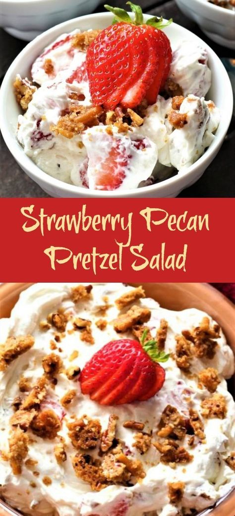 Strawberry Pretzel Jello, Pretzel Salad Recipe, Strawberry Cheesecake Salad, Strawberry Pretzel Salad Recipe, Strawberry Salad Recipe, Strawberry Fluff, Creamy Salad, Pretzel Desserts, Pecan Desserts