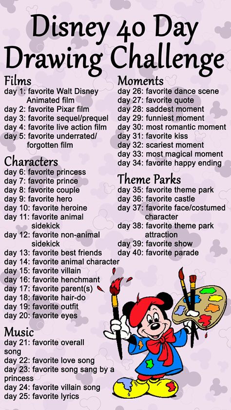 Disney 40 Day Drawing Challenge Disney Art Challenge, Disney Bracket Challenge, 30 Day Disney Drawing Challenge, 30 Day Drawing Challenge Fantasy Art, Thirty Day Drawing Challenge, Disney Drawing Challenge, Disney Challenge, Pixar Films, Disney Day