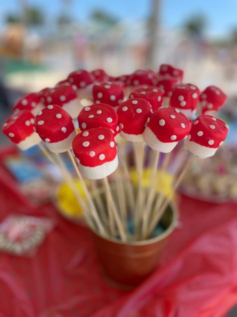 Mushroom Treats, Mushroom Marshmallow, Mushroom Theme Party, Mushroom Birthday Party, Toadstool Party, Giant Cupcake Mould, Mushroom Birthday, Mushroom Party, Mushroom Cake