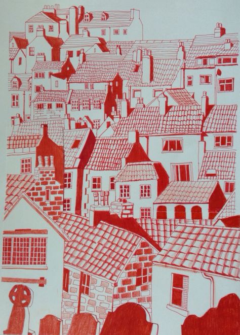 Red pen ink doodle of rooftops/ townscape by Melissa Goode Rooftops Illustration, Building Doodles, Red Ink Drawing, Rooftop Drawing, Red Pen Sketch, Red Pen Art, Red Pen Drawings, Easy Pen Sketches, Village Drawing