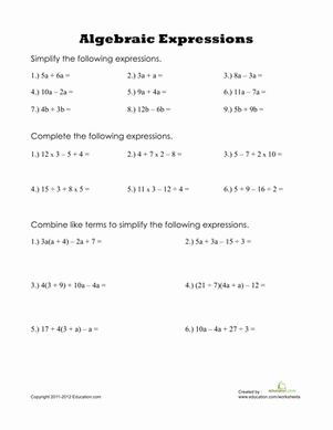 Give your child a jump start on some essential algebra skills! She'll be simplifying algebraic expressions with these practice problems. 8th Grade Math Worksheets, Simplifying Algebraic Expressions, Math Expressions, Teaching Algebra, Sixth Grade Math, Combining Like Terms, Algebra Worksheets, Algebraic Expressions, Maths Algebra