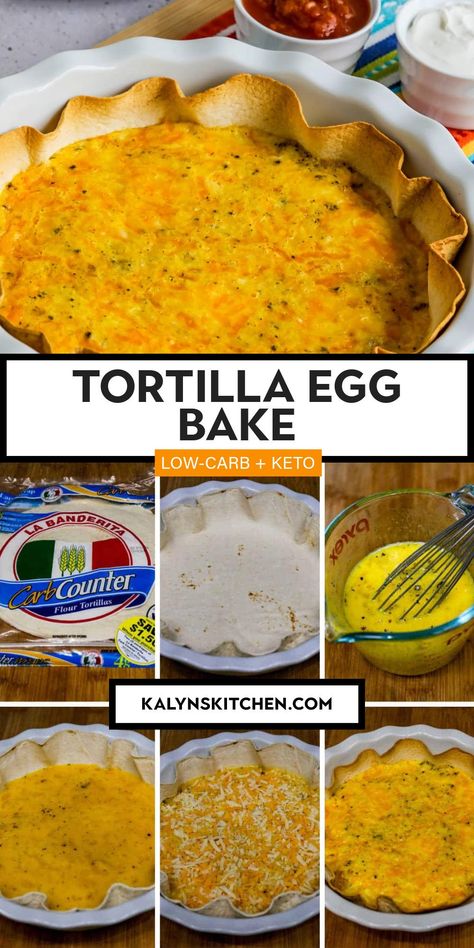 Pinterest image collage for Tortilla Egg Bake showing one photo of the prepared dish ready to serve and several smaller photos showing steps in the preparation process. Tortilla Quiche Bake, Tortilla Egg Bake, Tortilla Egg Breakfast, Muffin Pan Eggs, Eggs In Oven, Egg Tortilla, South Beach Diet Recipes, Breakfast Pie, Keto Breakfasts