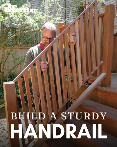 In the final installment of this three-part series on building deck stairs, Kevin Manning, project manager at Red House Design, talks through adding the final piece of the stairs: hardwood railings. The railings were assembled in sections, secured to a bottom rail, and then topped with a molded handrail for a professional finish. Diy Deck Stair Railing, Building Deck Railing, Stairs Hardwood, Building Deck, Porch Handrails, Wood Railings For Stairs, Exterior Handrail, Deck Handrail, Deck Stair Railing