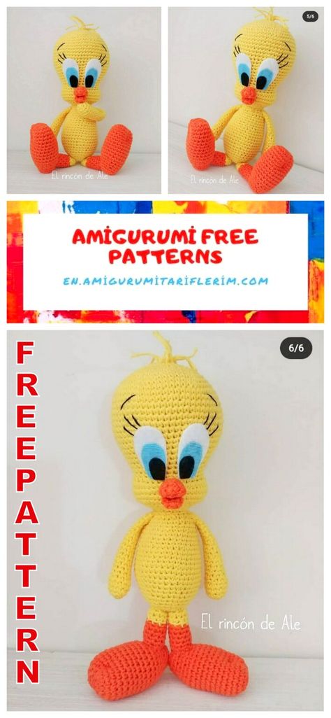 Tweety Amigurumi Free Pattern - En.amigurumitariflerim.com Tweety Bird Amigurumi Free Pattern, Crochet Tweety Bird Pattern, Tweety Bird Crochet Pattern Free, Tweety Bird Crochet, Crochet Tweety Bird, Crochet Rabbit Free Pattern, Clown Crochet Pattern, Brioche Knitting Patterns, Crochet Curtain Pattern