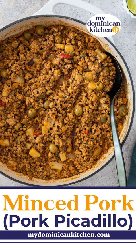 This minced pork recipe, or pork picadillo, is a savory Latin American dish containing ground pork and various spices. It's ready in 30 minutes or less and is perfect for a weeknight dinner. This minced pork recipe, or pork picadillo, is a savory Latin American dish that contains ground pork and a variety of spices. It’s ready in 30 minutes or less and is perfect for a weeknight dinner. | @mydominicankitchen Ground Pork Mexican Recipes, Ground Pork Recipes Easy, Tostones Rellenos, Picadillo Recipe, Latino Food, Ground Pork Recipes, Easiest Recipes, Recipe Pork, Minced Pork