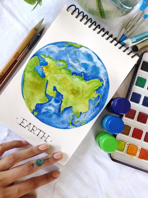 Realistic Earth Drawing, Earth From Space Drawing, Watercolour Cookies, Watercolor Cookies, Blue Skye, Earth Drawings, Earth's Core, Human Drawing, Poster Colour