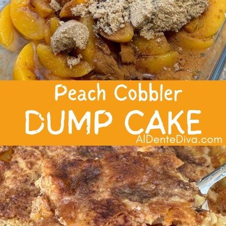 Peach Cobbler Dump Cake - Al Dente Diva Dump Cake Peach, Dump Cake Cobbler, Cobbler Dump Cake, 4 Ingredient Desserts, Peach Cobbler Dump Cake, Easy Peach Cobbler Recipe, Peach Dump Cake, French Vanilla Cake, Cobbler Easy