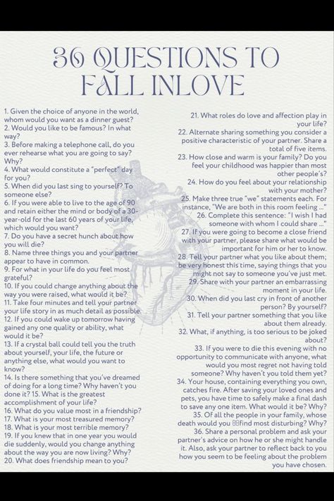 36 QUESTIONS TO FALL IN LOVE #relationship #couples 28 Questions To Fall In Love, 36 Questions To Fall In Love List, The 36 Questions That Lead To Love, Questions To Ask To Fall In Love, Questions To Ask In Relationship, Question To Make Someone Fall In Love, Relationship Deepening Questions, Nyt 36 Questions To Fall In Love, Fall In Love Questions