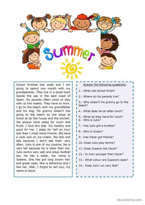 Summer Reading Comprehension, English Comprehension, Esl Reading, Comprehension Worksheets, Reading Worksheets, Reading Comprehension Worksheets, Summer Ideas, Summer School, Summer Reading