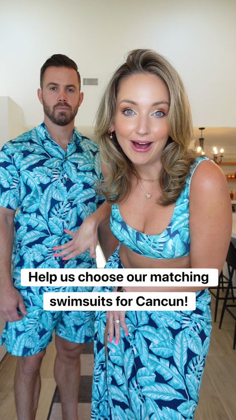 Choose our matching couples outfit | Help us choose matching outfits to wear on vacation! | By Loryn Powell Couples Matching Outfits Vacation, Outfits To Wear On Vacation, Couple Vacation Outfits, Hoco Couple Pictures, Couples Vacation Outfits, Matching Couples Outfits, Denim Dress Outfit, Homecoming Pictures, Couples Outfits