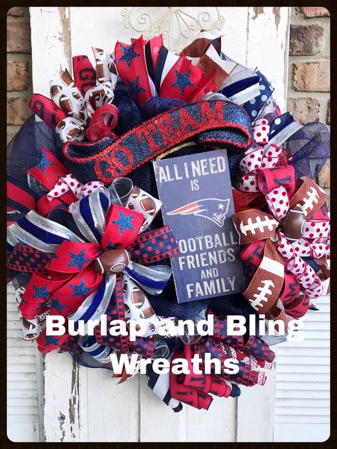 New England Patriots wreath, New England Patriots wreaths, Football wreath, Football wreaths, Every day wreath, Patriots wreath, New England Patriots, Burlap and Bling Wreaths New England Patriots Wreath, Red White Blue Wreath, Go Pats, Sports Wreaths, Football Wreath, Blue Wreath, Patriotic Party, Homecoming Mums, Man Cave Decor