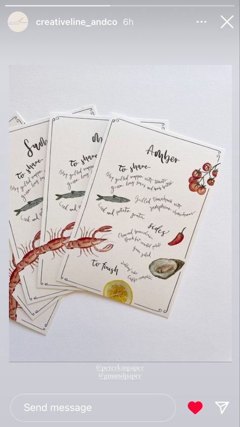 Dinner Party Menu Design Ideas, Dinner Party Name Card Ideas, Dinner Party Menu Card, Menu Design Ideas Wedding, Hand Illustrated Wedding Invitations, Italian Menu Design, Handwritten Menu Cards, Hand Written Menu Design, Hand Written Menu Wedding