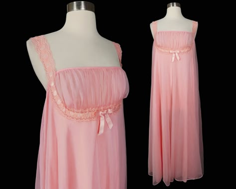 Vintage 60s Peachy Pink Chiffon Lace Ribbon Double Layer NYLON Long Nightgown Gown Nighty Negligee Shelf Bust Womens 36 S Small M Medium by pinupdresses on Etsy Night Gown Dress, Fashion Decades, Max Dress, Long Nightgown, Pink Chiffon, Retro Clothing, Lace Ribbon, Dress Measurements, Nightgowns