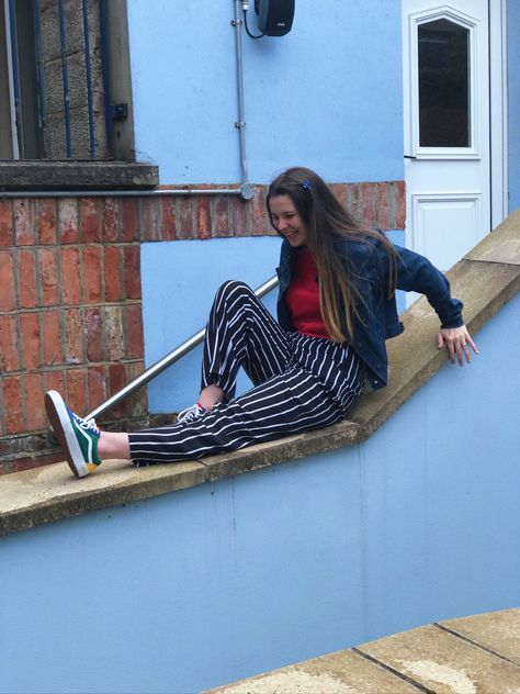 stripey / striped trouser outfit, primary colour vans , yacht club vans , denim jacket outfit Colorful Vans Outfit, Striped Trousers Outfit, Colorful Vans, Vans Outfit, Denim Jacket Outfit, Trouser Outfit, Jacket Outfit, Yacht Club, Jacket Outfits