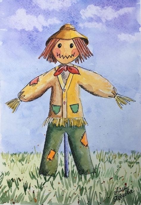 Scarecrow painting on watercolor paper.  The scarecrow painting is painted in the technique of a watercolor sketch.
This is the original watercolor sketch and not a print. Handmade 100%.
Size: 11 x 7.5 inches (28cm x 19cm).
Materials: watercolor paper 200 g/m2, watercolor paints, black liner, white gel pen.
Important: This painting without a frame. The photo shows only examples of the design of the painting and its location in the interior for clarity. Scarecrow Watercolor, How To Paint A Scarecrow, Brain Painting, Scarecrow Painting, The Crow, Funny Paintings, Whimsical Artwork, Nursery Paintings, Watercolor Paintings Easy