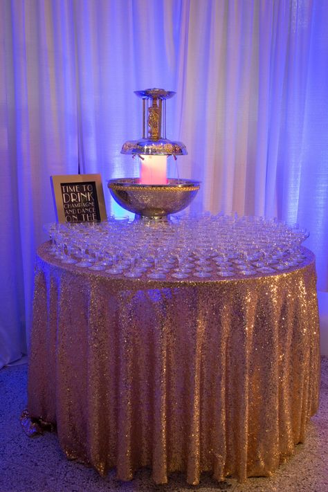 Wedding Colors Champagne, Champagne Fountain, Gold Reception, Champagne Saucers, Purple Table, Purple Wedding Theme, Sequin Table, Black Gold Jewelry, Purple Wedding Flowers