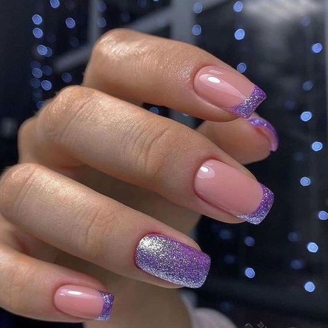 Nail Ideas Nail Polish, Sparkly French Tip Nails, French Nails Glitter, Violet Nails, Purple Glitter Nails, Lavender Nails, Simple Gel Nails, French Acrylic Nails, Cute Gel Nails