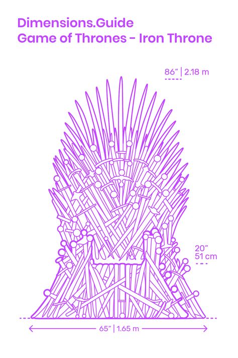 The Iron Throne is the literal and metaphorical seat of power of Westeros within George R. R. Martin’s A Song of Ice and Fire fantasy series. As depicted on HBO’s Game of Thrones, the Iron Throne is depicted as being 86” (7’2”) | 2.18 m tall, 65” (5’5”) | 1.65 m wide, and 71” (5’11”) | 1.80 m deep.  Downloads online #gameofthrones #GoT #fantasy #hbo #chairs #furniture Game Of Thrones Throne Chair, Diy Iron Throne, Iron Throne Diy, Game Of Thrones Doodle, Iron Throne Drawing, Iron Throne Tattoo, Iron Throne Art, Throne Sketch, Game Of Thrones Throne