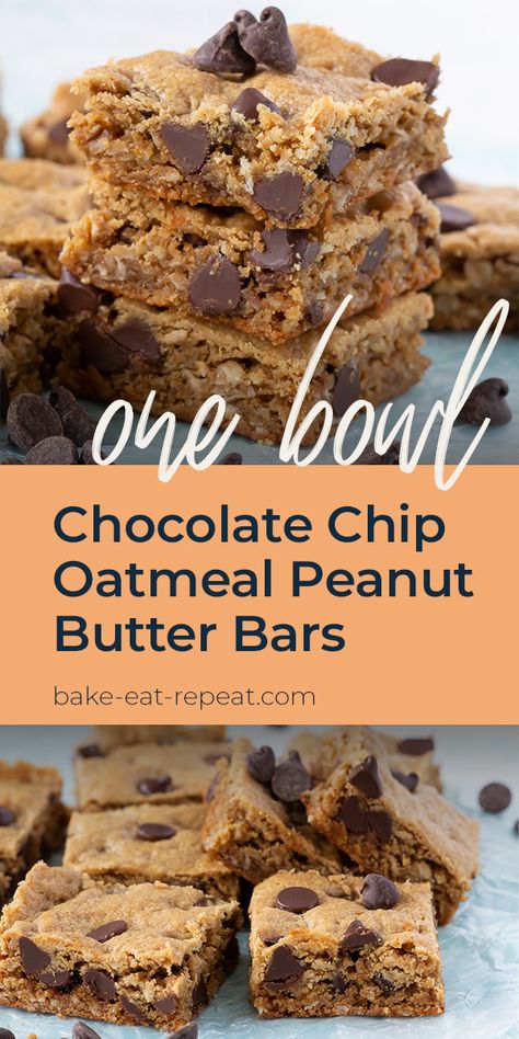 These soft and chewy chocolate chip oatmeal peanut butter bars mix up in minutes in just one bowl! Make them today for the perfect snack! #bars #peanutbutterbars #oatmealcookiebars Chocolate Chip Oatmeal Bars, Oatmeal Bars Healthy, Oatmeal Chocolate Chip Bars, Breakfast Baking, Gf Sweets, Easy Healthy Snack, Dark Chocolate Recipes, Peanut Butter Oatmeal Bars, Oatmeal Breakfast Bars