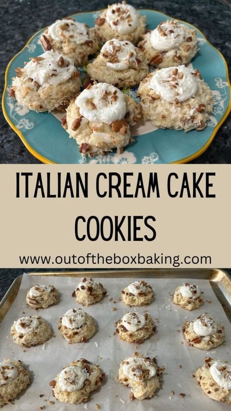 If you’re a fan of Italian cream cake but you’re in the mood for a cookie, this is the post for you! This original recipe is soft, pillowy, and loaded with all of those Italian Cream Cake flavors you’ve come to love, only in cookie form! Italian Cream Cake Cookies, Almond Cream Cookies, Italian Cream Cookies, Desserts That Go With Italian Food, Italian Cake Recipes, Easy Italian Desserts, Italian Dessert Recipes, Italian Christmas Cake, Italian Cream Cake Recipe