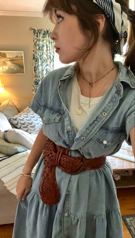 #belt #chunkybelt #denim #denimdress #dress #layers #bandana #hairstyle #updo #fall Dress With Bandana, Bandana Hairstyle, Dress Layers, Bandana Outfit, Hairstyle Updo, Denim Dress, Hair Styles, Clothes